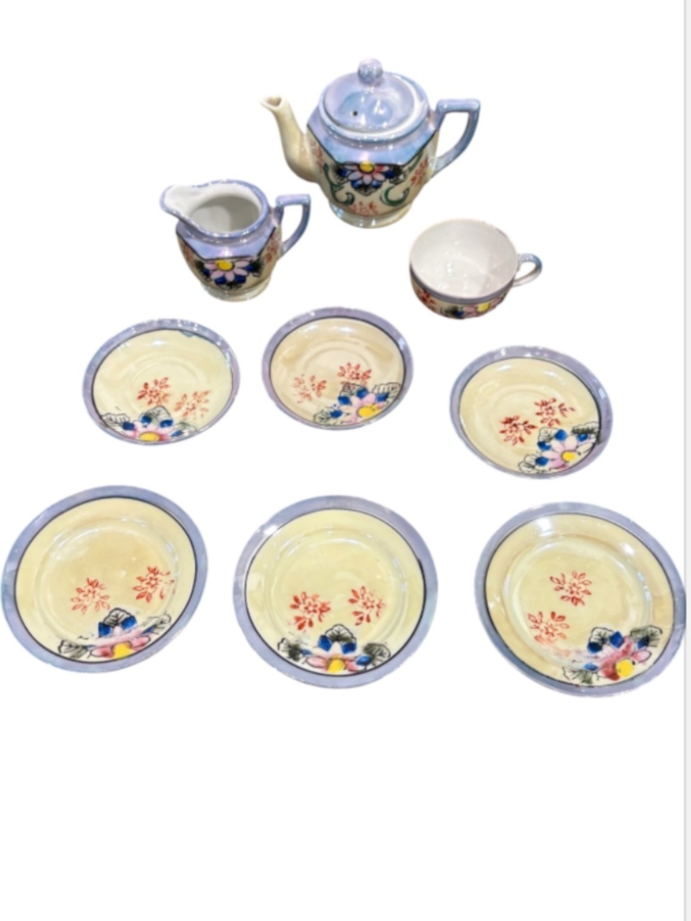 Vintage Japanese Lusterware Child Miniature Play Tea Set Teapot Floral 9 Pc